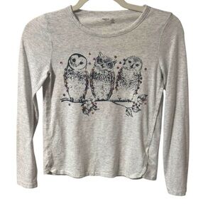 Gap Kids Owl Long Sleeve Top Girls Size Large Grey Whimsical Flower Sequins